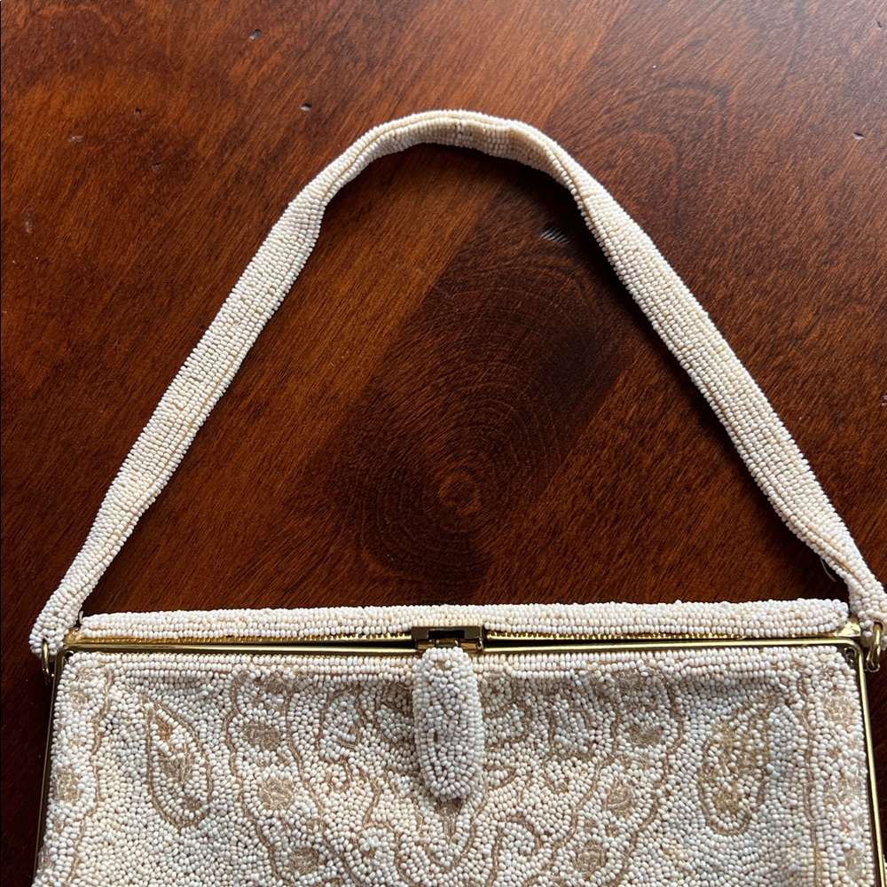 Vintage Intricately Beaded Evening Bag Cream Beige Gold Seed Bead Paisley Bird - Picture 6 of 16